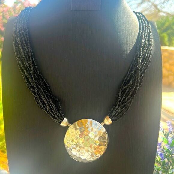 Vintage Multi-strand Tibetan/Nepalese Black Onyx Stone Bead Necklace - Picture 1 of 12